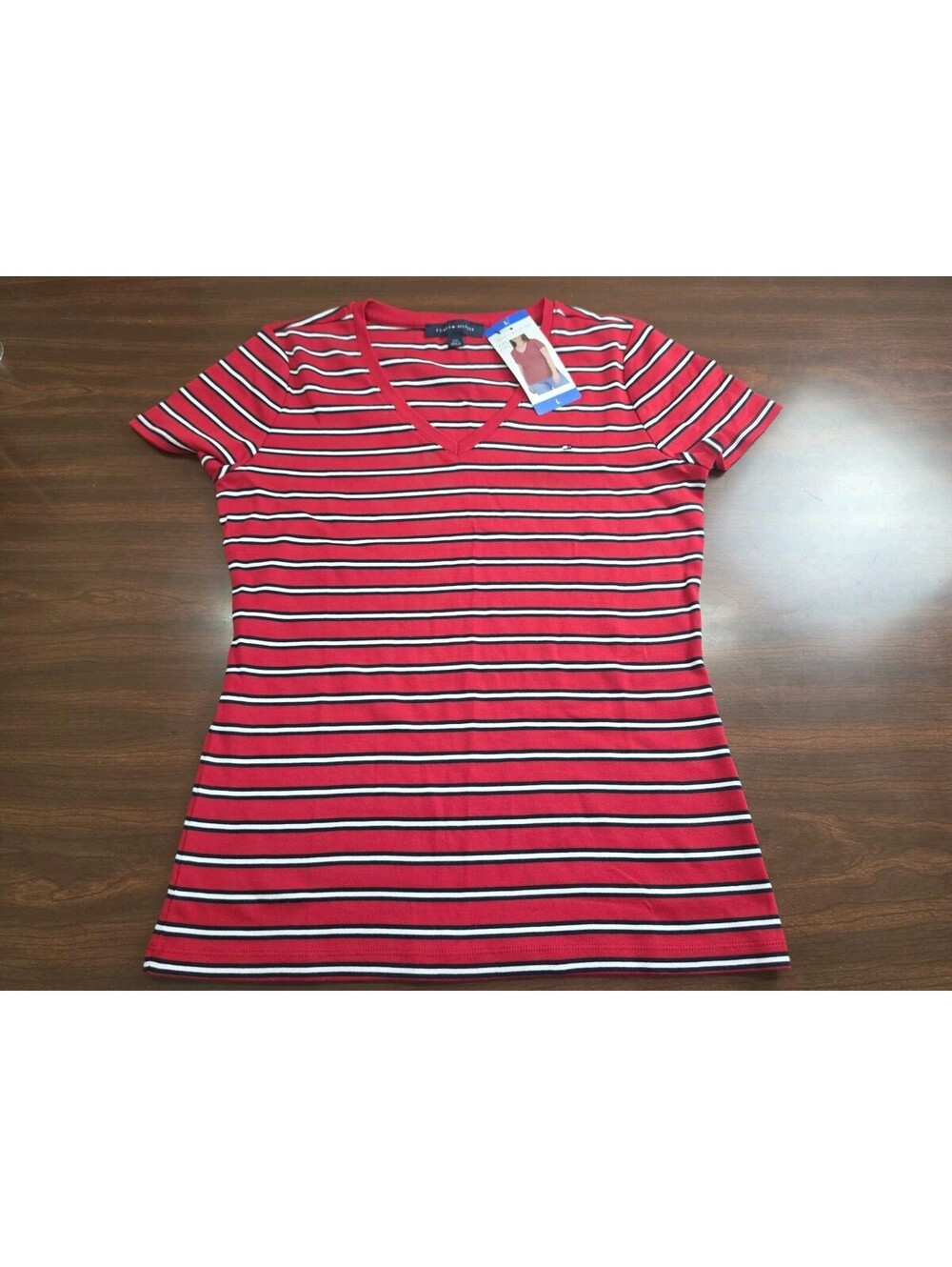 NWT Tommy Hilfiger Red Striped V Neck Size Large Short Sleeve Shirt Retro 90s